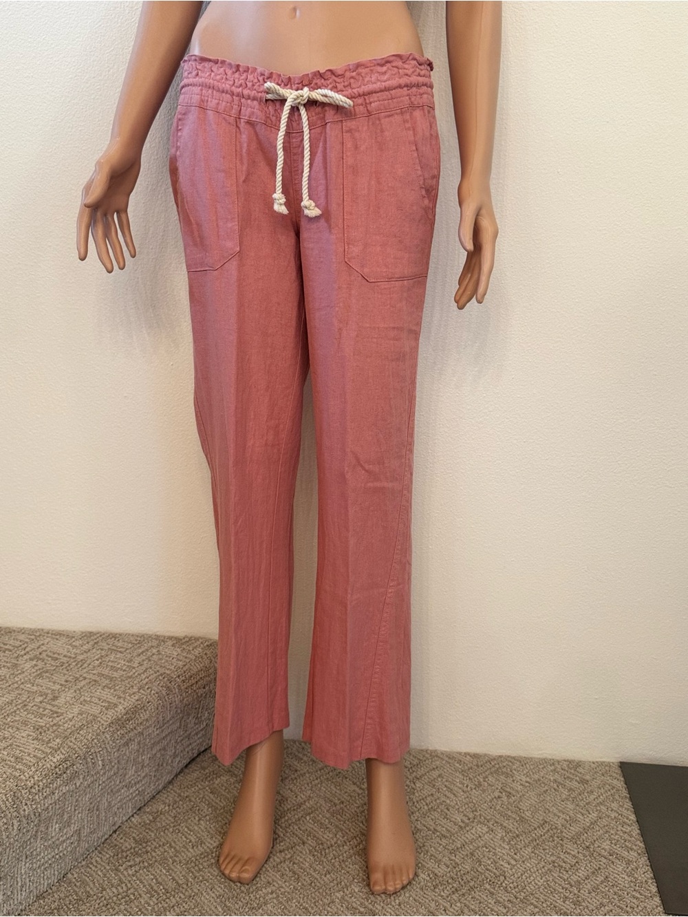 Roxy Rose-Pink Linen-Blend Cropped Drawstring Pants